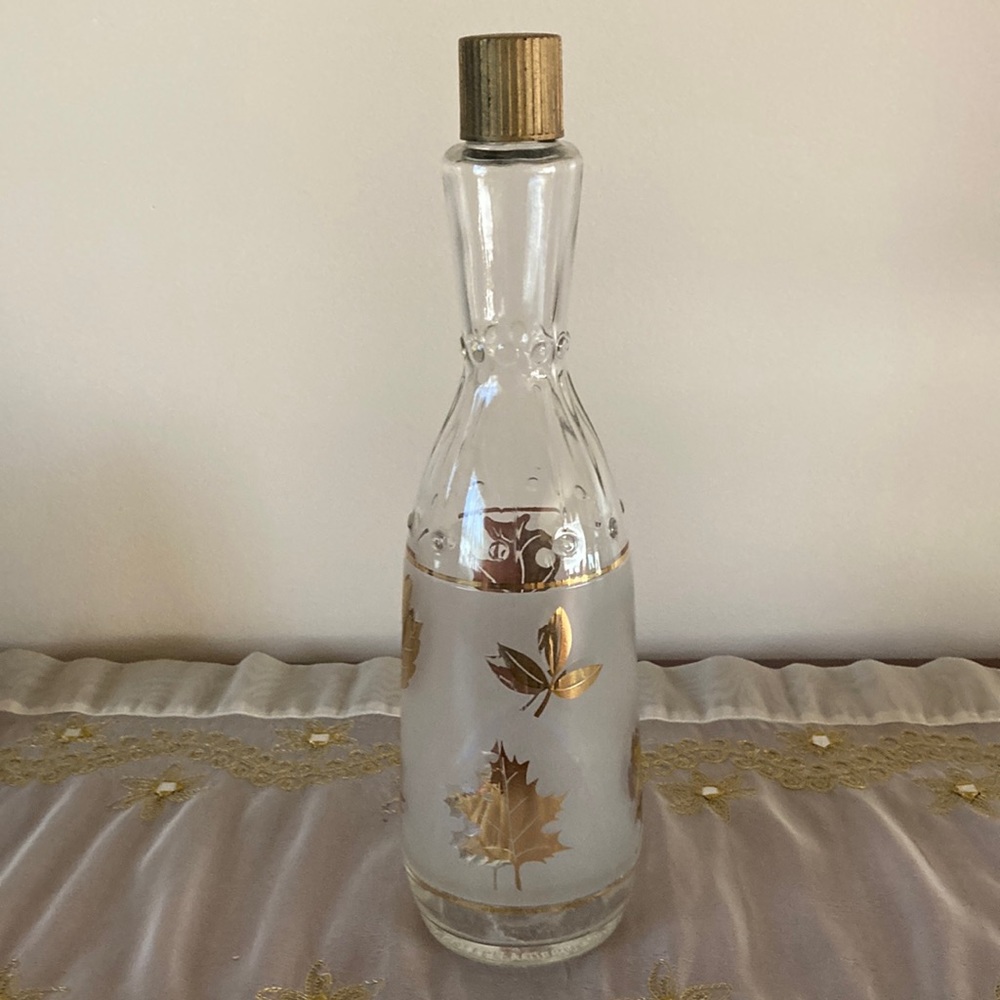 Vintage Glass Wine Bottle with Gold Metallic Leaves Accent